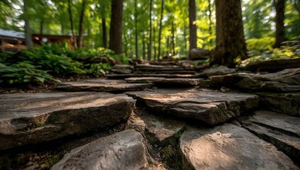 Stone steps ascend through a sun-dappled forest path