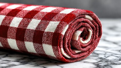 Rolled red and white checkered fabric on marble
