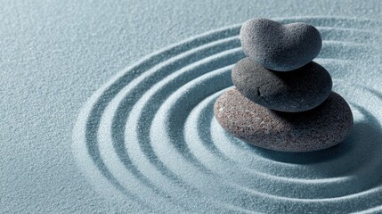 Three stacked stones heart-shaped top light blue sand circular patterns zen garden landscape