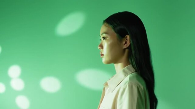 Profile of a Woman in Beige Shirt Against Green Background