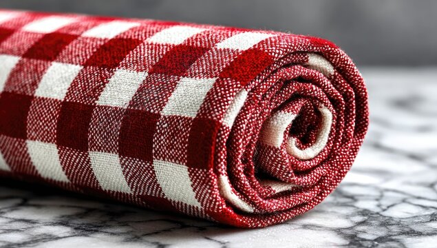 Rolled red and white checkered fabric on marble