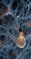 Glowing bulb ensnared in intricate, web-like structure