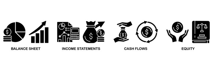 Financial statements icon set vector illustration concept with icon of graph, balance sheet, pie chart, income statements, money, calculator, income, earning, cash flow, equity, and balance