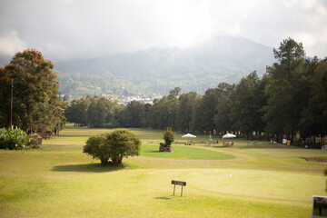 Scenic golf course located at the edge of a forest, under bright sunlight with misty mountains visible on the horizon