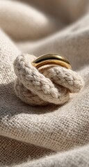 Gold band nestled in a beige fabric knot