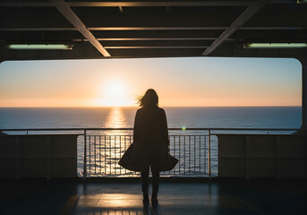 A traveler standing quietly on the deck of a ferry