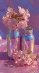 Iridescent bottles and pink blossoms on a shimmering fabric