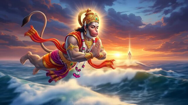 Devotional Art of Hanuman Leaping Across the Ocean Towards Rama, Illustrated with Vibrant Colors and Traditional Indian Motifs in a Fantasy Art Style