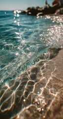 Crystal clear shallow ocean water washes ashore on a sunny day