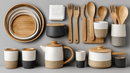 Flatlay of kitchenware; stoneware mugs, bamboo utensils, and wooden trays