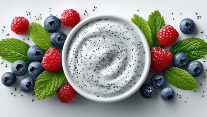 Creamy yogurt with chia seeds, blueberries, and raspberries