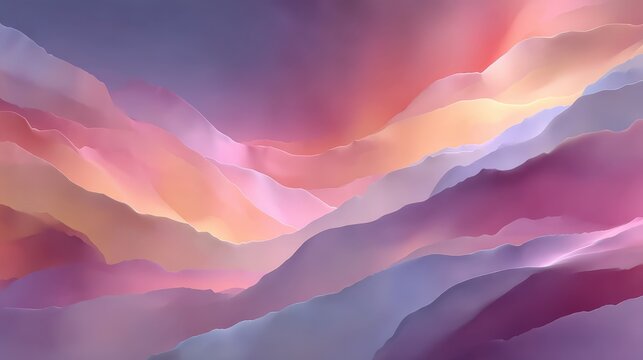 Surreal landscape with layered, softedged formations in pastel pink, purple, and blue, resembling rolling hills or clouds