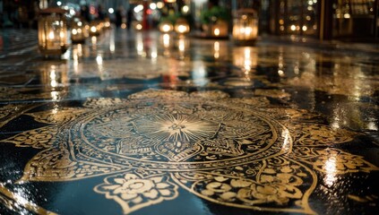 Wet, ornate table with gold detailing, reflecting lights