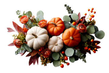 Autumn arrangement with pumpkins, flowers