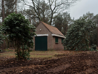 Small brick structure with green doors nestled among trees in forest clearing