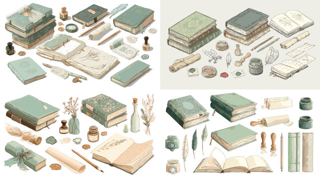Hand-drawn vintage books and stationery illustration set with journals, ink bottles, pens, wax seals, and decorative paper. Ideal for retro design, study, and writing themes.