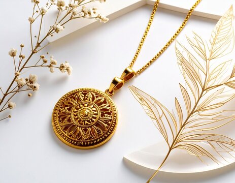 Luxurious gold sunburst medallion necklace with intricate filigree, elegantly styled with botanicals