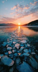 Sun sets over calm lake, ice floes create a path to the horizon