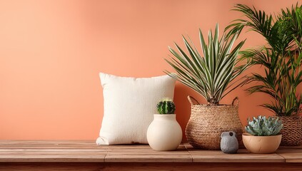 Wooden surface with plants, a cushion, and pots against a peach wall