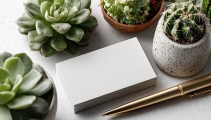 Blank business card mockup surrounded by succulents and a pen