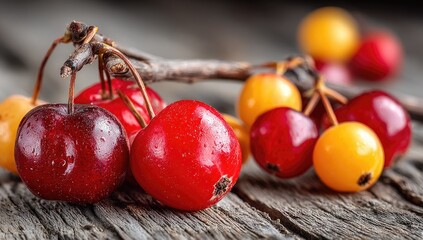 Close-up of red and yellow crabapples on wood