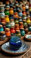 Colorful jars of paint on display, one blue jar in focus