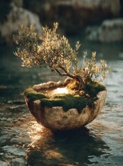 Miniature tree in a mossy bowl, bathed in warm light, sits on a wet stone surface