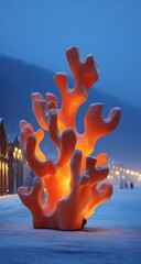 Illuminated coral-like sculpture in snowy landscape at dusk