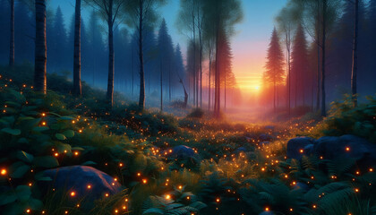 Sunset Forest Meadow with Glowing Fireflies