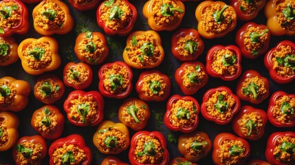 Fototapeta premium Overhead view of stuffed bell peppers in vibrant colors, culinary delight