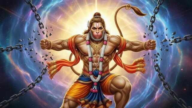 Powerful Illustration of Hindu Deity Breaking Chains Against a Cosmic Background, Symbolizing Freedom and Strength in Digital Fantasy Art Style