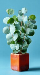 Potted eucalyptus plant against a blue background
