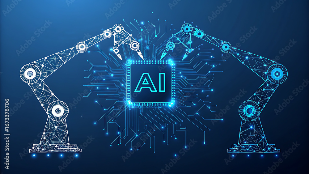 Wall mural ai robot arms holding acpu chip with digital circuitry and data streams artificial intelligence