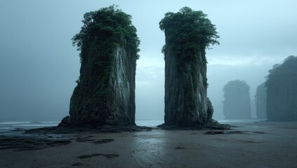 Twin rock formations rise from a misty beach under a gray sky