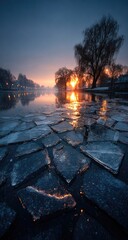 Serene sunrise over a frozen river, ice reflects the warm light