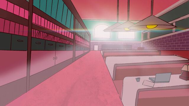 Library Interior with Bookshelves and Sunlight Illustration