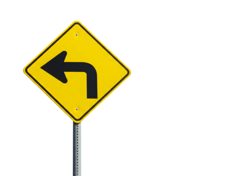 Sharp Left Turn Ahead Yellow Diamond Traffic Sign Road Safety Driving Guidance Curve Warning Transportation Icon Highway Sign Left Turn Direction on transparent background