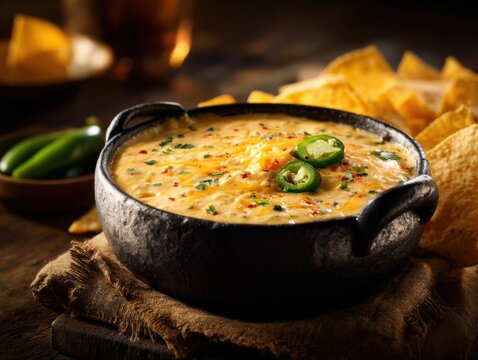Queso Dip with Tortilla Chips and Jalape&ntilde;os in Rustic Bowl