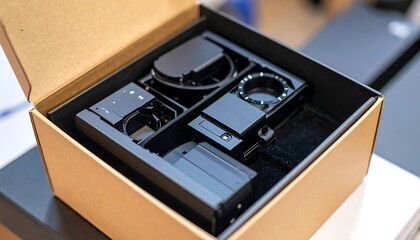 Camera parts in cardboard box