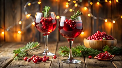 Festive Cranberry Cocktails with Rosemary on a Rustic Wooden Table
