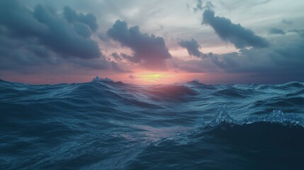 Dramatic ocean sunset with turbulent waves and dramatic clouds