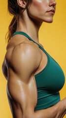 Strong woman showcasing muscular physique against vibrant yellow background during indoor fitness session