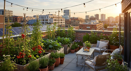 Rooftop garden terrace with city view at sunset