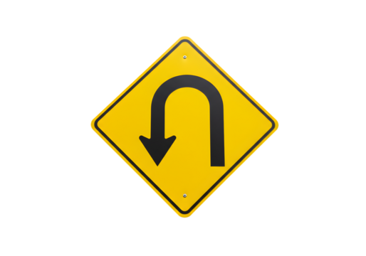 UTurn Sign Road Traffic Symbol Directional Arrow Transportation Icon Yellow Diamond Shape Driving Safety Highway Signage Turnaround Indication on transparent background
