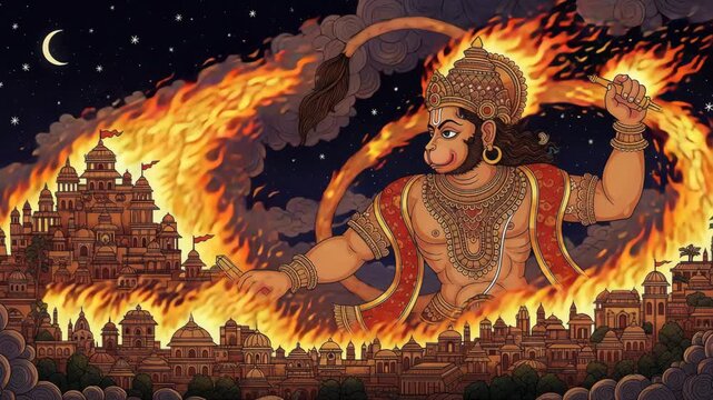 Mighty Hanuman Burning Lanka Vibrant Digital Illustration of Hindu Mythology, Ideal for Religious Festivals, Books, and Cultural Designs