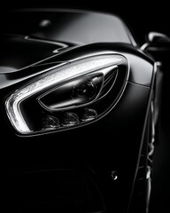 Closeup of a sleek, modern black sports car headlight with intricate led details, showcasing automotive luxury and design
