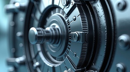 Metallic machinery component, intricate with concentric rings, radial and a central axis resembling a high-security safe dial, industrial turbine focus is on a sleek, circular, chrome locking plate.