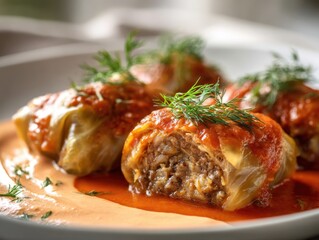 Delicious Cabbage Rolls with Tomato Sauce and Dill Garnish - Traditional Eastern European Cuisine