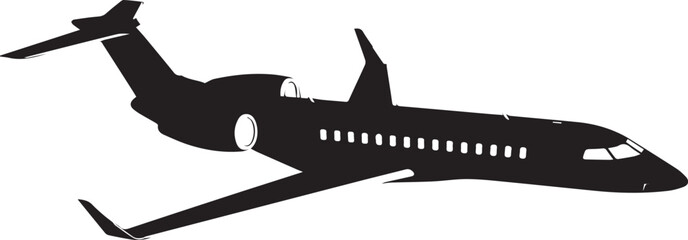 black silhouette of commercial passenger jet airplane in flight vector graphic for travel and aerospace presentations