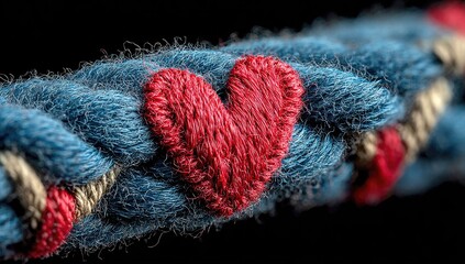 Close-up of a blue rope with a red heart stitched onto it